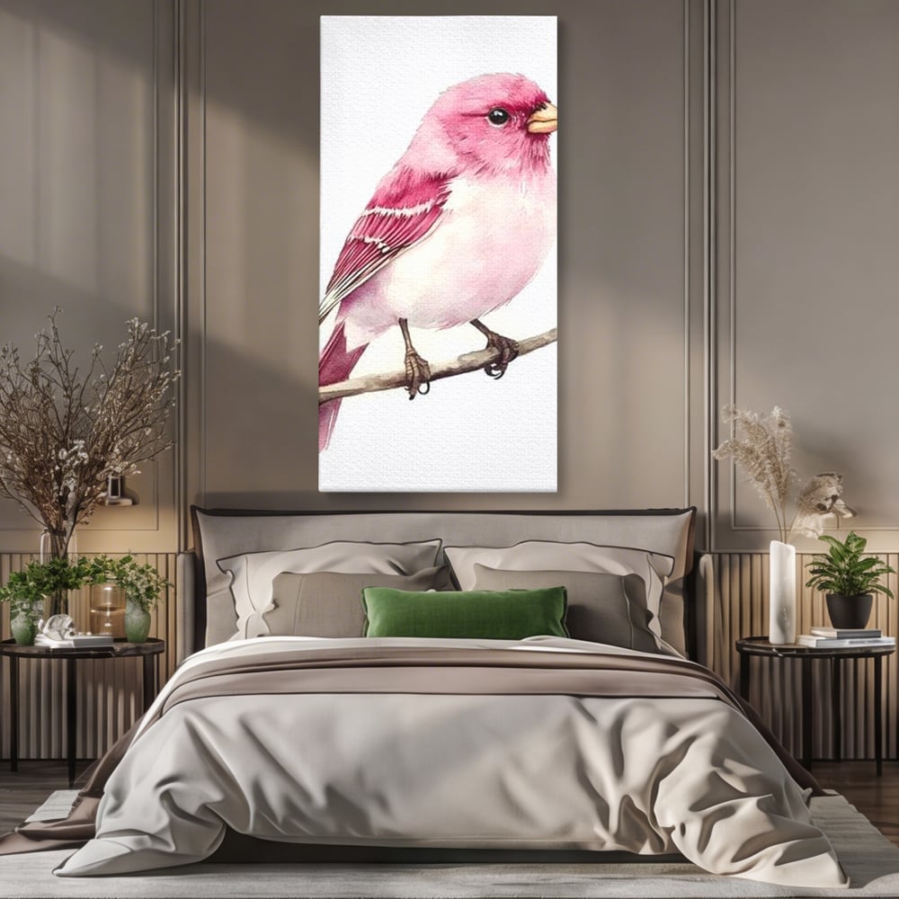 Tablou canvas cu tablou canvas cu pasare roz pe creanga, fara rama, pe sasiu de lemn, pe perete intr-un dormitor